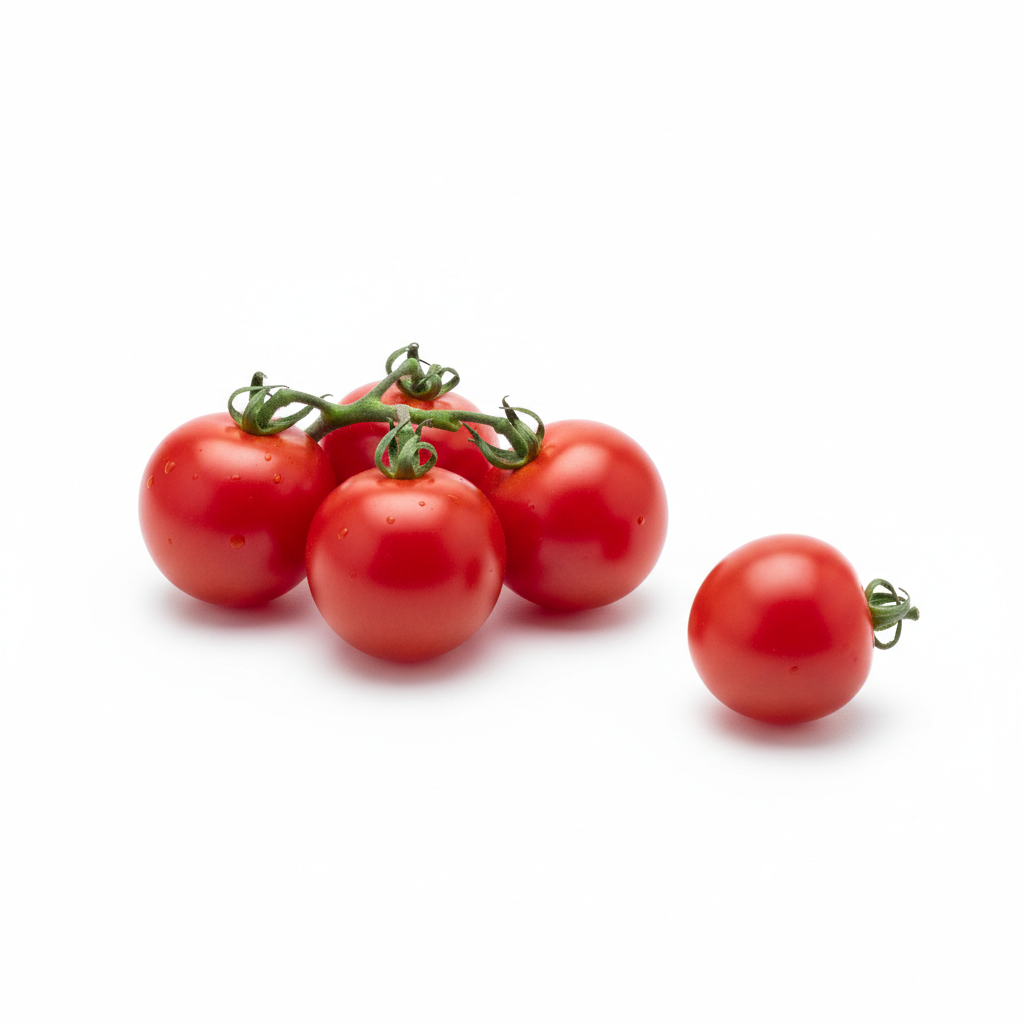 5 tomates cherrys reales sobre fondo blanco y en formato 1:1