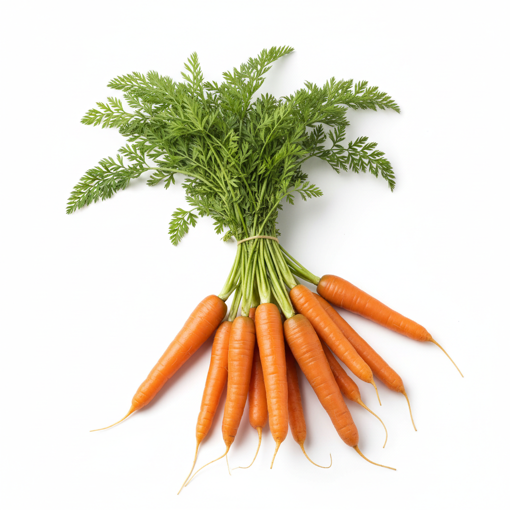 Haz una imagen de unas zanahorias sobre un fondo blanco en 1:1 cuadrado