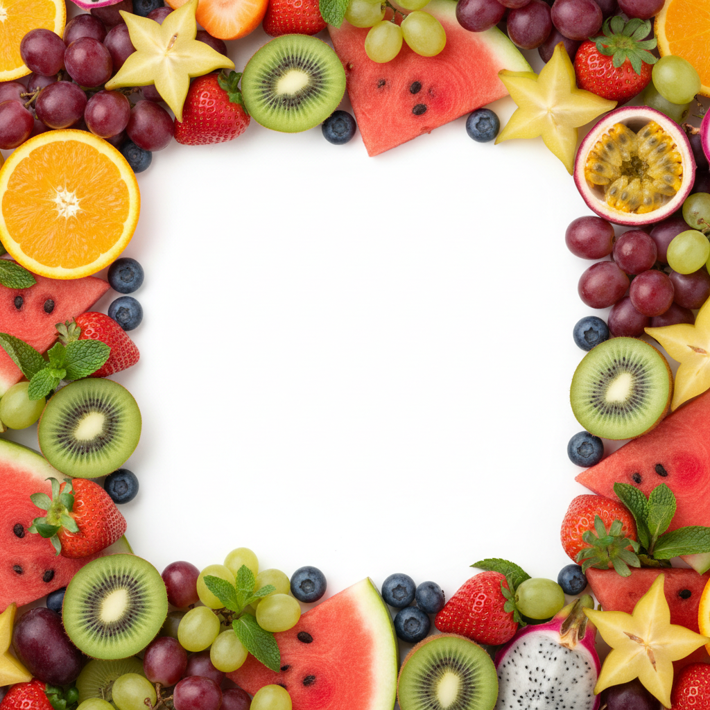 hazme un cuadrado con frutas y un hueco para poner texto en el medio con formato 1:1 cuadrado